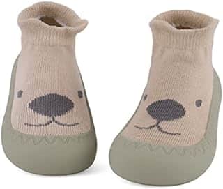 Lacofia Zapatos Calcetines Primeros Pasos Bebé Niños Niñas Calcetines Antideslizantes Bebé con Suela de Goma León Caqui 12-18 Meses